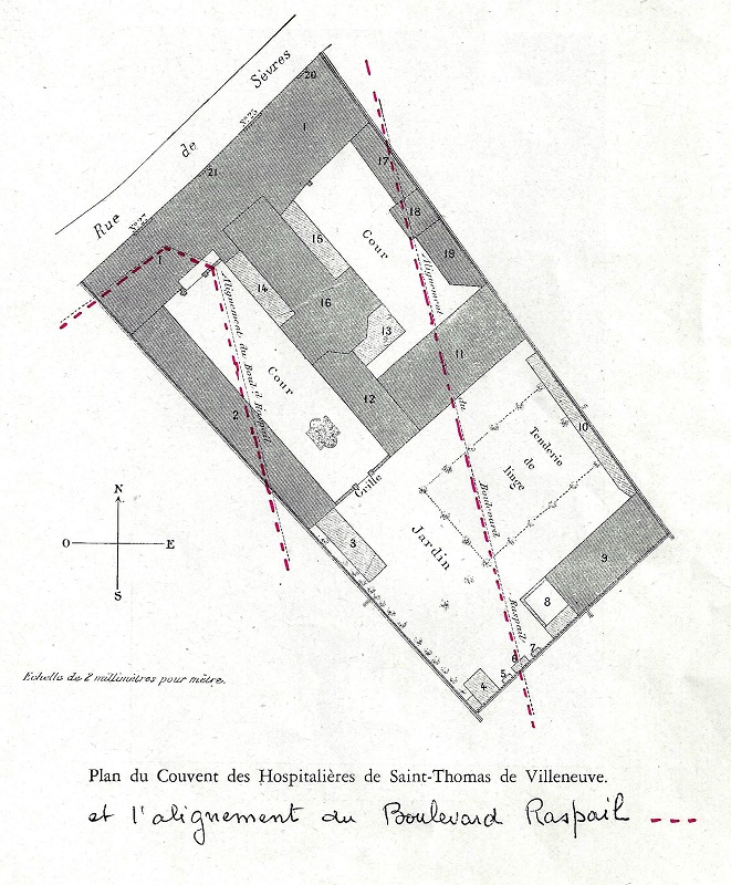 Plan de la maison-mère, avec tracé du futur boulevard Raspail