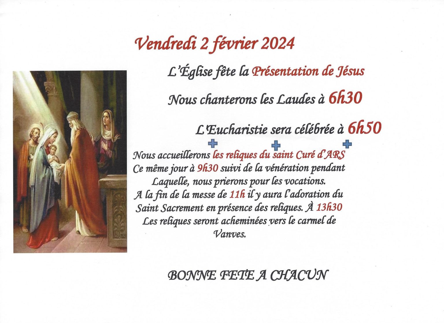 2 février 2024 : Reliques du Curé d’Ars à la chapelle Notre-Dame de